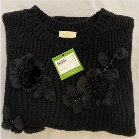 kate spade dashing beauty black floral applique sweater top shirt size xs nwt - Picture 10 of 10